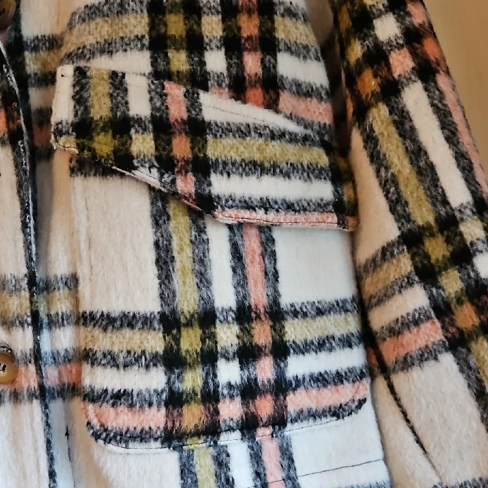 Bagatelle Plaid Teddy Jacket - Cream, Black, Pink - Picture 2 of 4